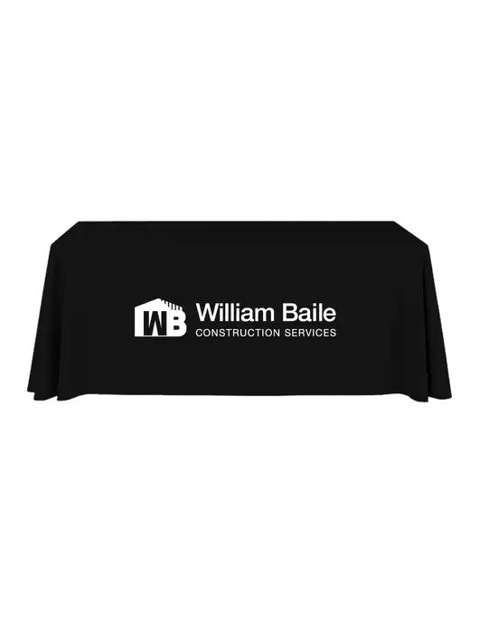 6' Stain-Resistant 4-Sided Black Table Cover w/William Baile Logo