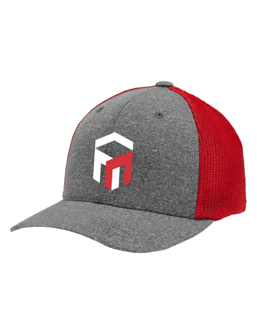 Flexfit Red/Medium Grey Heather Melange Mesh Back Trucker Cap w/The Management Trust Logo