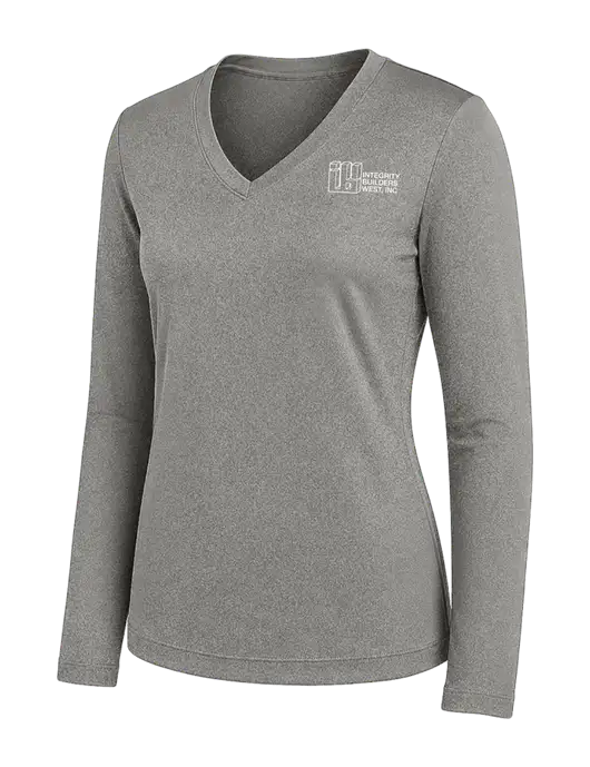 Womens Medium Grey Heather Long Sleeve PosiCharge V-Neck Competitor Tee w/Integrity Builders West Logo