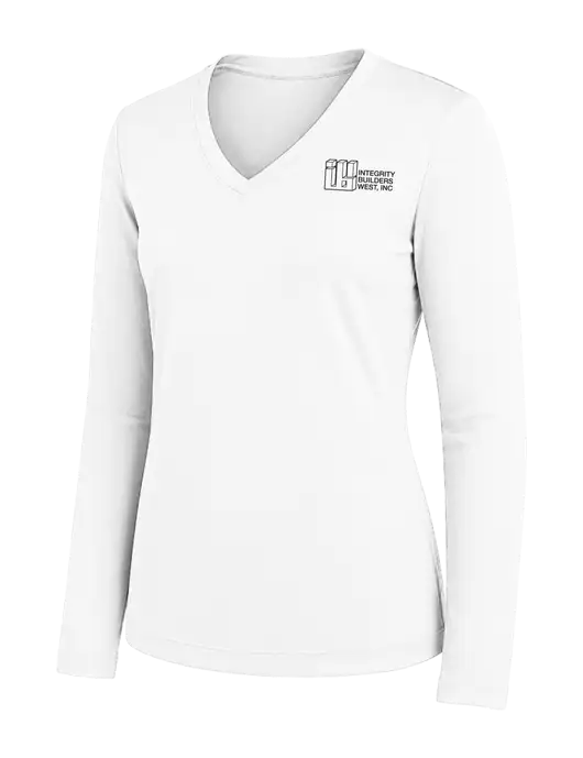 Womens White Long Sleeve PosiCharge V-Neck Competitor Tee w/Integrity Builders West Logo