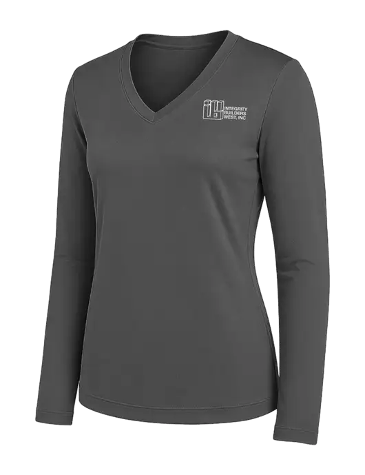 Womens Dark Grey Long Sleeve PosiCharge V-Neck Competitor Tee w/Integrity Builders West Logo